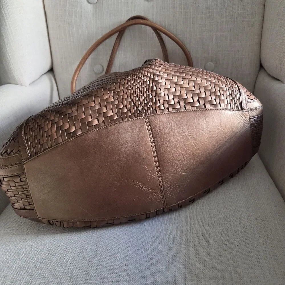 COLE HAAN Genevieve Denney bronze leather Boho Handbag Satchel Woven Large Tote